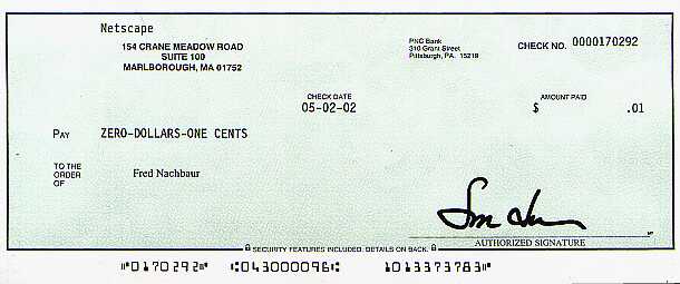 Check from Netscape for One Cent